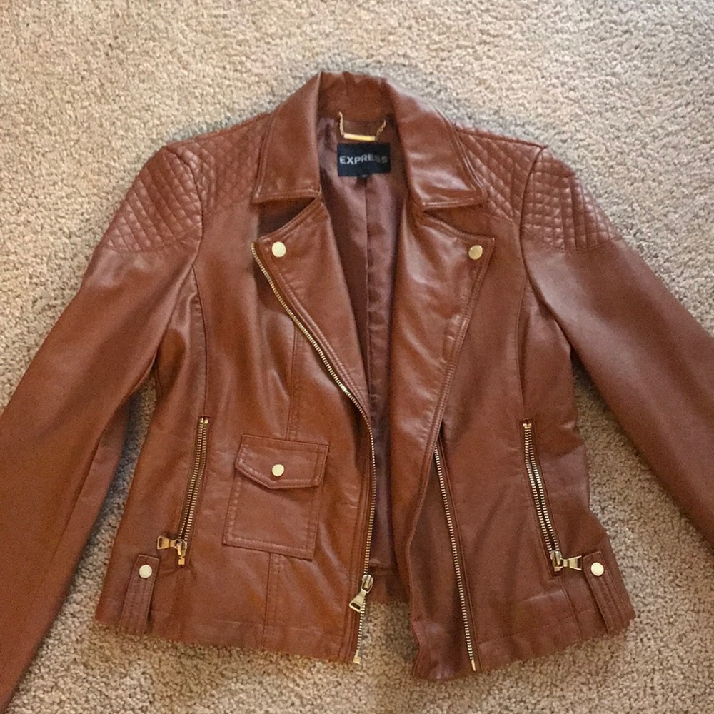 Express Faux Leather Quilted Shoulders Jacket Camel Tan S